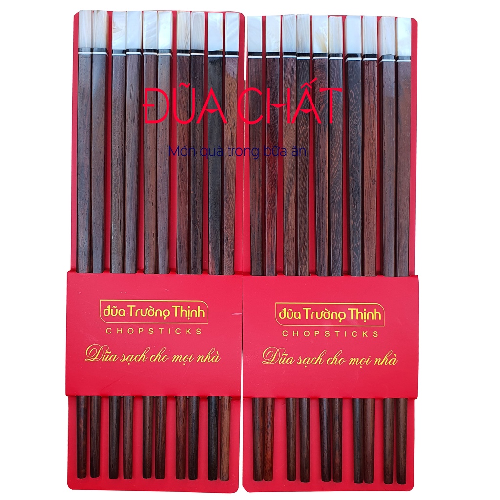 Đũa Gỗ Trắc Cao Cấp TRƯỜNG THỊNH Đầu Gắn Ngọc Màu Trắng - Hộp Màu Đỏ - 10 Đôi Vuông.