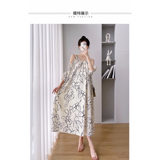 Váy đầm bầu dáng dài phom xuông rộng hở vai hàng quảng châu