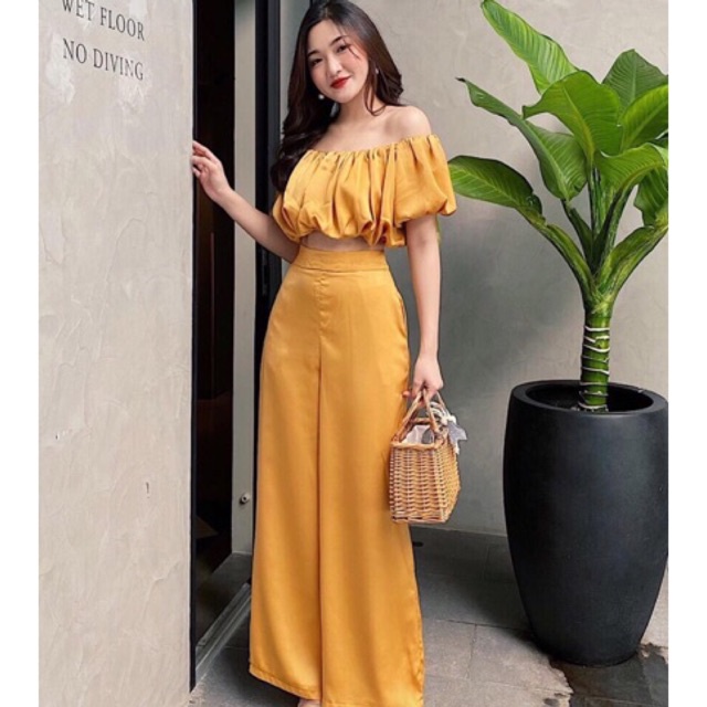 Set voan lụa croptop quần ống suông chanh xã