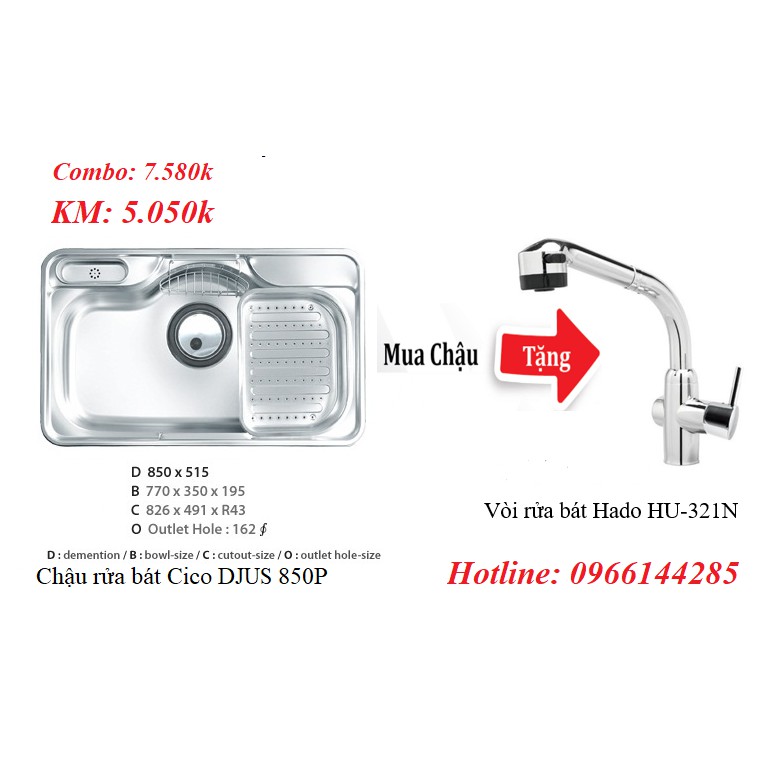 Mua chậu Chậu rửa bát Cico Hàn Quốc 1 Hố DJUS-850P tặng vòi rửa bát Hado HU 321N