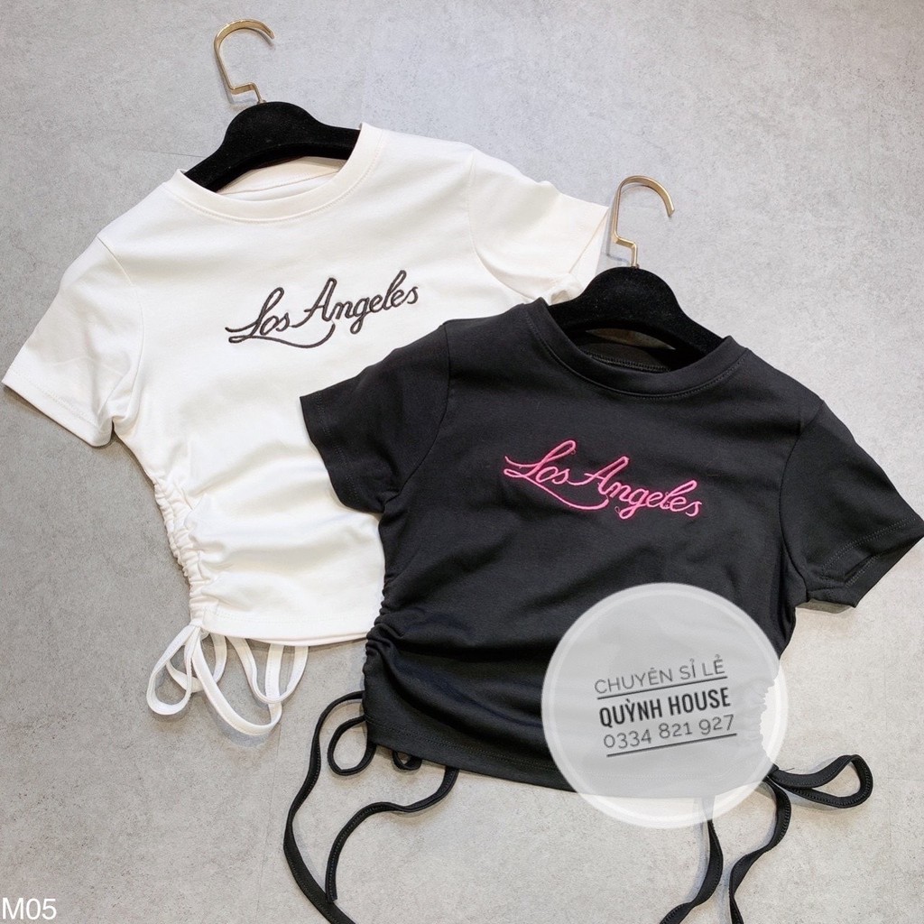 Áo Croptop Tay Ngắn Thun Ôm  Body Thể Thao Dây Rút 2 Bên Trắng / Đen Thêu Chữ Los Angles ACR003