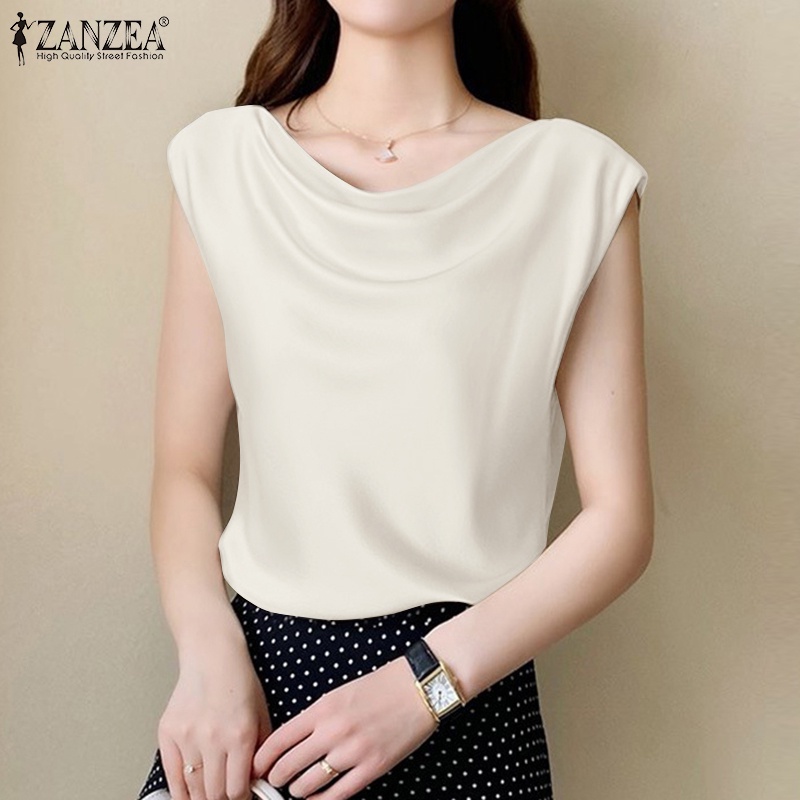 Zanzea Áo Kiểu Vải Satin Không Tay Dáng Rộng Thời Trang Công Sở Cho Bạn Gái