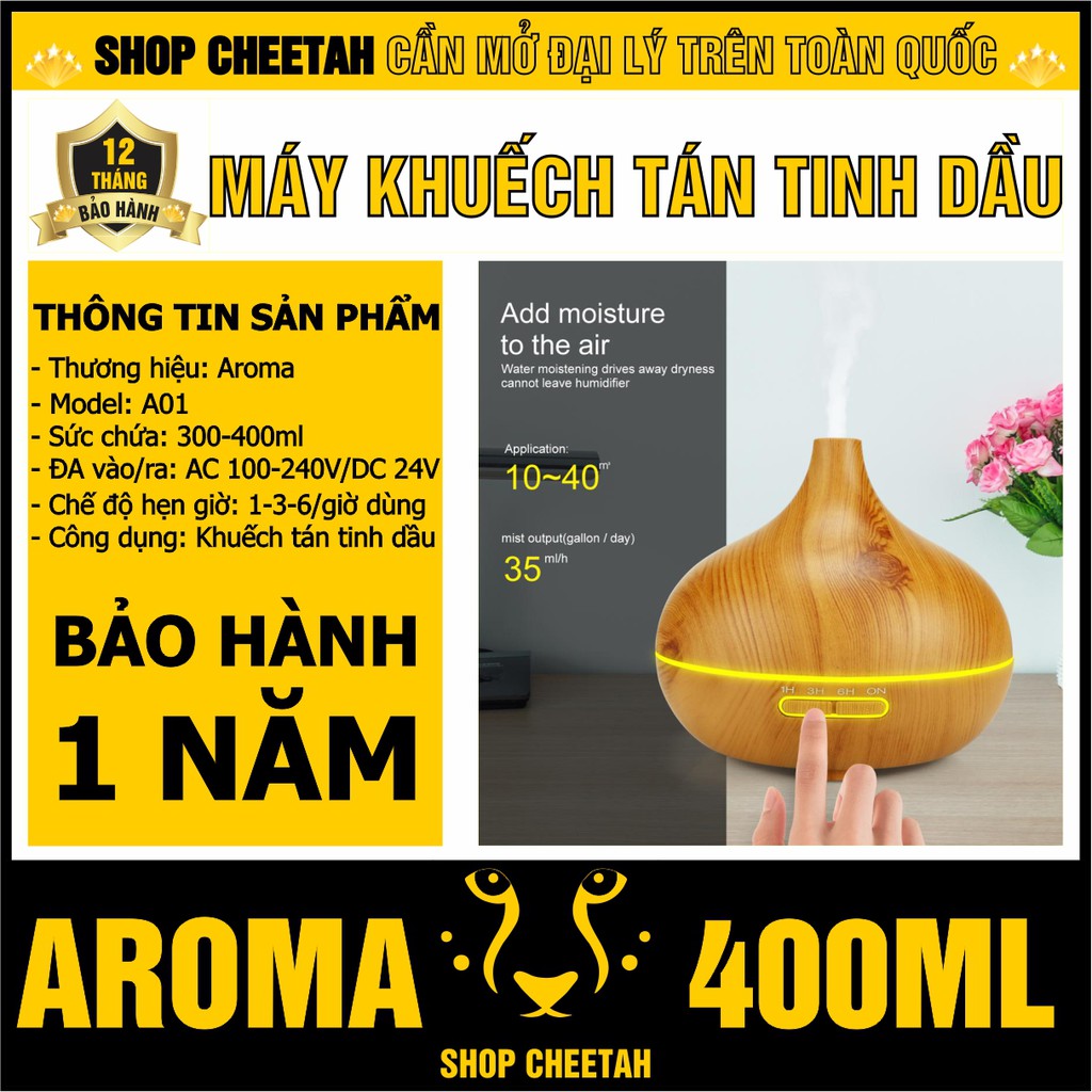 (A01-400ml) Máy khuếch tán tinh dầu Aroma – Kiểu dáng bầu rượu vân gỗ sồi tự nhiên – Chế độ Led 7 màu – Bảo hành 1 năm