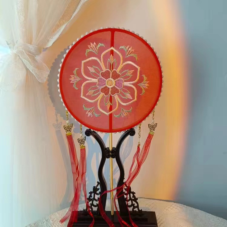 Quạt Tay Cầm Dài Thêu Họa Tiết Phong Cách Cổ Điển Dùng Làm Đạo Cụ Trình Diễn Nhảy Múa