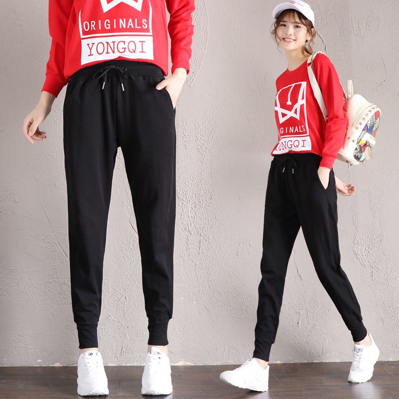 Quần dài thể thao dây rút eo màu đen bình thường dành cho sinh viên nữ