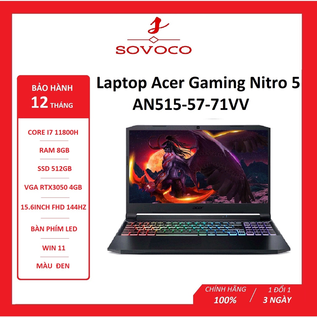 Laptop Acer Gaming Nitro 5 AN515-57-71VV.(NH.QENSV.005)(i7 11800H/8GBRam/512GB SSD/RTX3050 4G/15.6 inch FHD 144Hz/Win11)