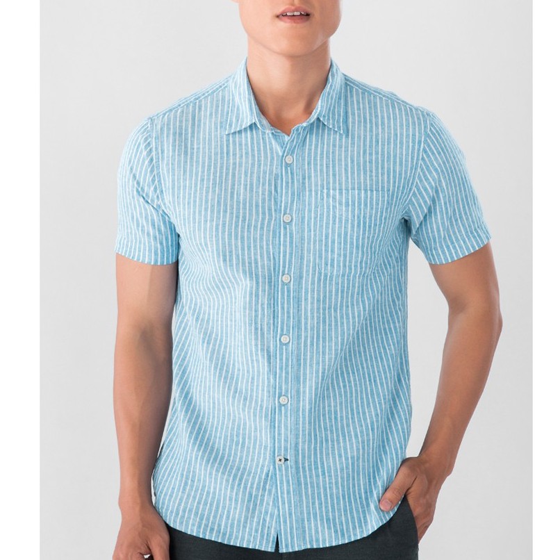 Áo Sơ Mi Nam Giordano Linen Shirts Màu Xanh Sọc Trắng 0104820212