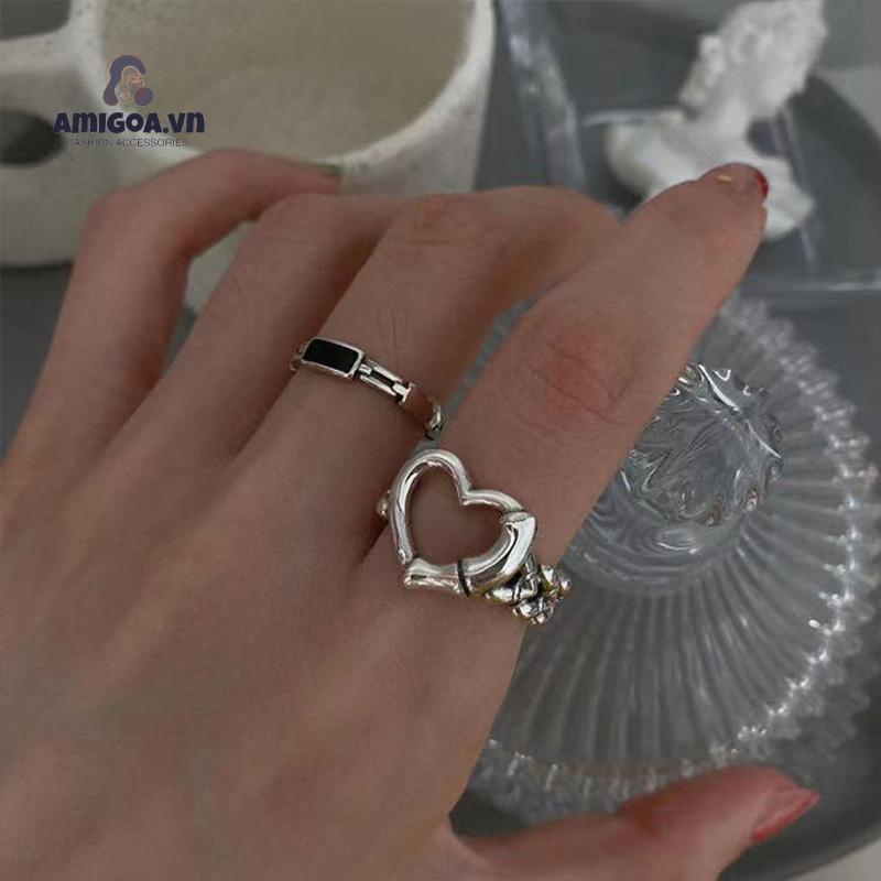 ✨✨Set nhẫn 17KM màu bạc đơn giản mỏng khoét rỗng hình trái tim phụ kiện trang sức cho nam nữ