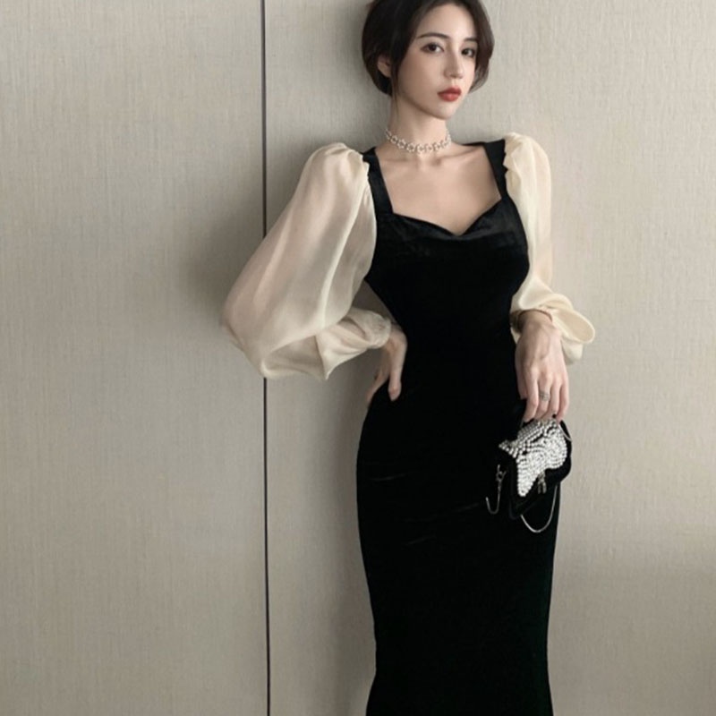 IELGY IELGY Đầm Nhung Đen Cổ Chữ v Phong Cách Hong Kong Thời Trang Cho Nữ