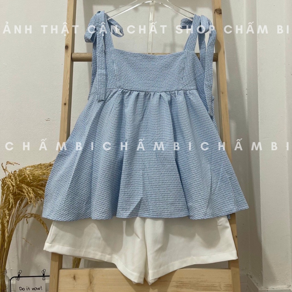Bộ quần áo nữ set style Hàn Quốc Nội y xanh,Set áo babydoll hai dây thắt nơ kẻ xanh và quần short trắng cực xinh B405 nộ