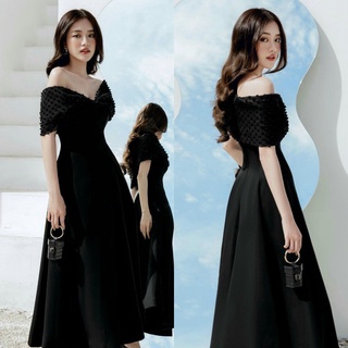 Đầm Dự Tiệc Màu Đen Thiết Kế Trễ Vai Tay Voan May 2 Lớp