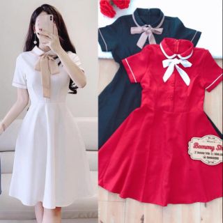 Đầm xòe Tiểu Thư tay con phối viền cổ cột nơ hàng Thiết Kế bởi