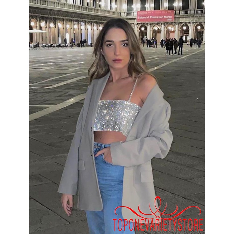 Áo Crop Top Đính Kim Sa Gợi Cảm Cho Nữ