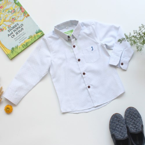 Áo sơmi tay dài bé trai cotton trắng chấm