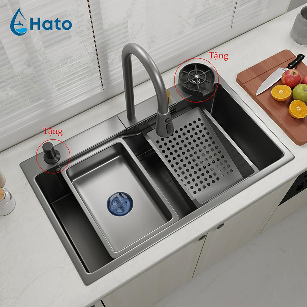 Chậu Rửa Bát 1 Hố HATO Inox 304 Có Vòi Rút Thác Nước, Bồn Rửa Chén 1 Ngăn Lớn Gồm Thớt, Nước Ngang, Khay Rửa, Xiphong