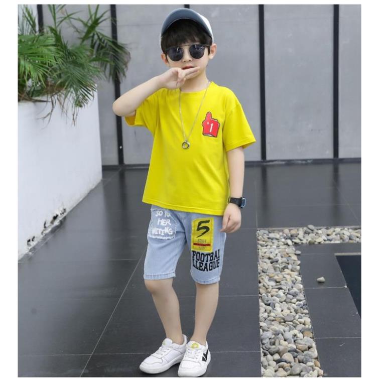 Set bộ áo thun quần jean cho bé trai phong cách Hàn Quốc, Size 9-23kg, thấm hút mồ hôi, co giãn 4 chiều Hongvybaby