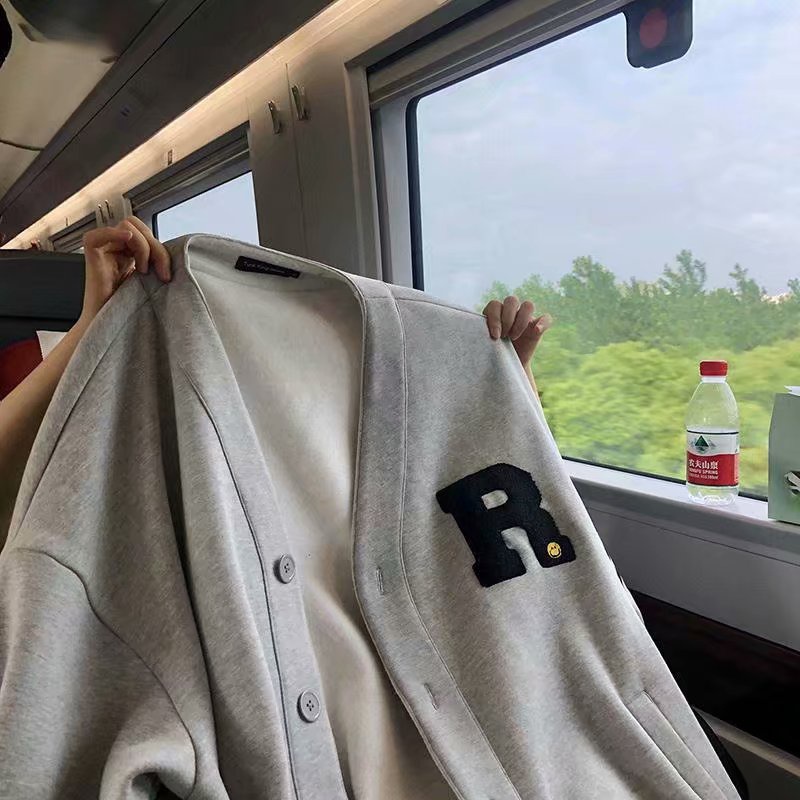 Áo khoác cardigan vải nỉ in chữ cái dáng rộng unisex phong cách ulzzang
