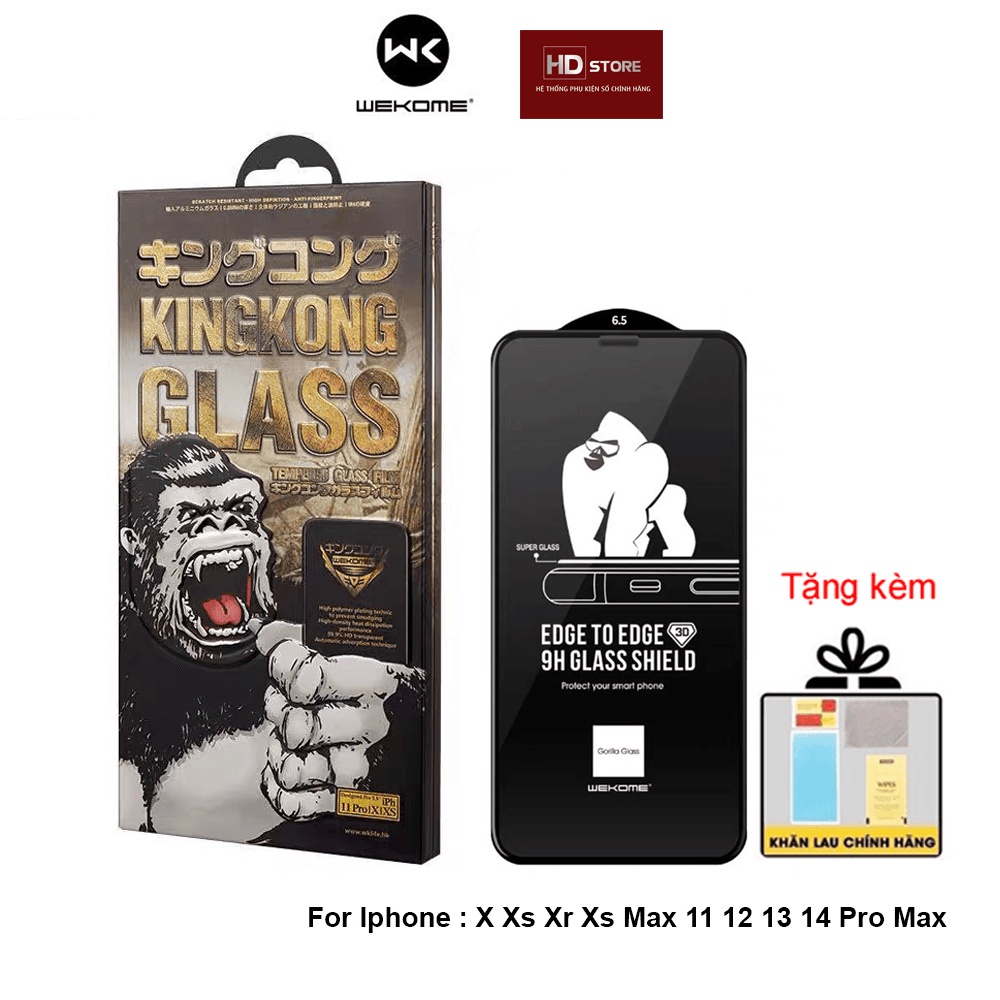 Kính Cường lực KingKong 3D Full màn hãng WK Wekome Iphone 7 8 Plus Xs Max 11 12 13 14 Pro Max Trần Rẻ Không Hộp