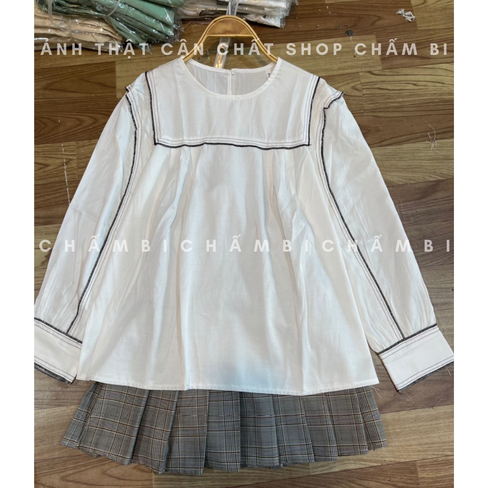 Áo sơ mi dài tay A.272, Áo babydoll cổ tròn viền đen chữ U ngực và dọc tay áo cực xinh