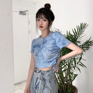 Áo thun nửa tay Tie-Dye Thiết kế ngắn Slimmer Look Top Mùa hè Phiên bản Hàn Quốc Màu xanh Tie-Dye Rend-Up Xếp ly Nửa @