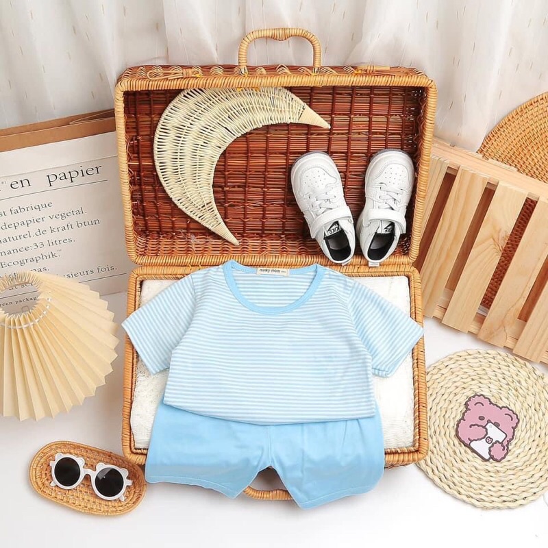 Bộ Áo Cộc Tay Thun Lạnh MinkyMom Mềm Mịn Hoạ Tiết Kẻ Ngang Cho Bé Trai, Bé Gái - 6 Màu