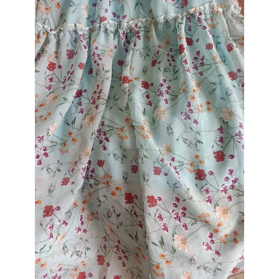 Váy hoa dáng dài màu xanh 2 dây bèo cổ vuông vintage kèm hình thật