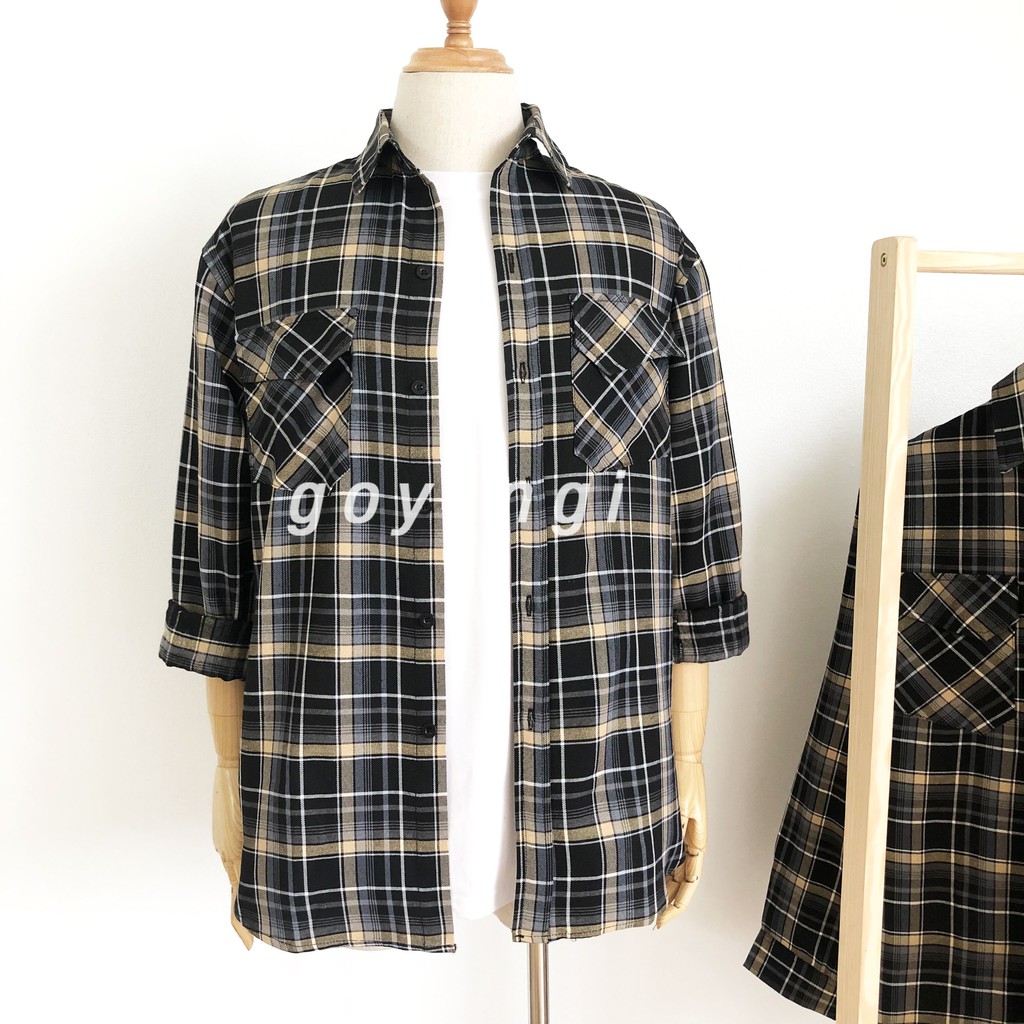 Áo sơ mi Flannel kẻ GOYANGI Unisex oversize form rộng cho cả nam và nữ phong cách Hàn Quốc