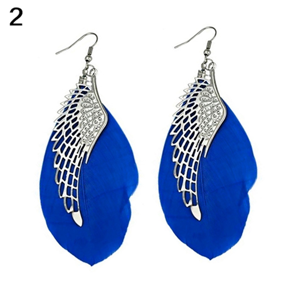 Khuyên tai làm thủ công bằng lông vũ phối mặt hình đôi cánh kim loại