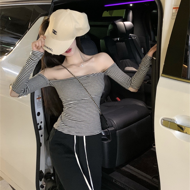 Áo Thun Tay Dài Trễ Vai Kẻ Sọc Thời Trang Mùa Hè Quyến Rũ Dễ Phối Đồ Cho Nữ