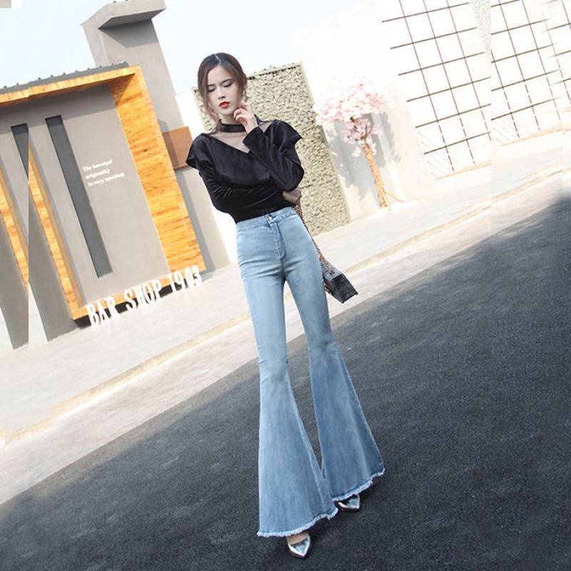 Jiashucheng Strange Quần Jean Nữ Ống Loe Rộng Lưng Cao Co Giãn Phối Sờn Nhẹ Nhàng Phong Cách Retro Dành Cho Nữ