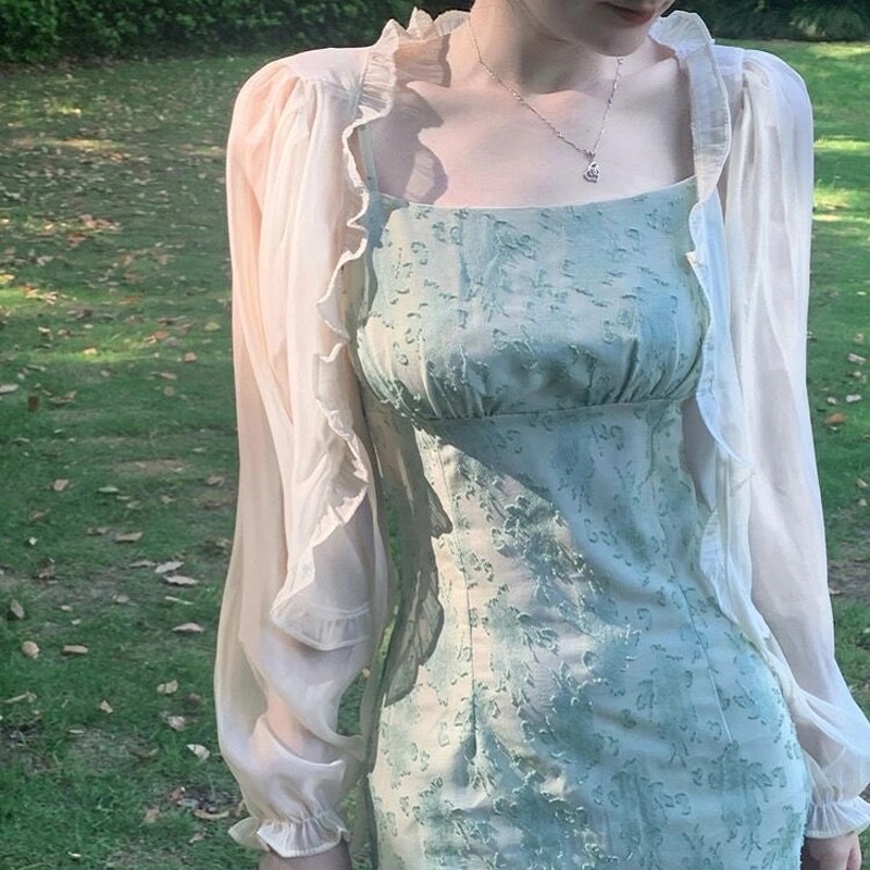 Áo Khoác Nhẹ Ngoài Váy Cadigan Nữ Màu Xanh Be Trắng Hồng Chất Chiffon Dài Tay Phong Cách Tiểu Thư Hàn Quốc