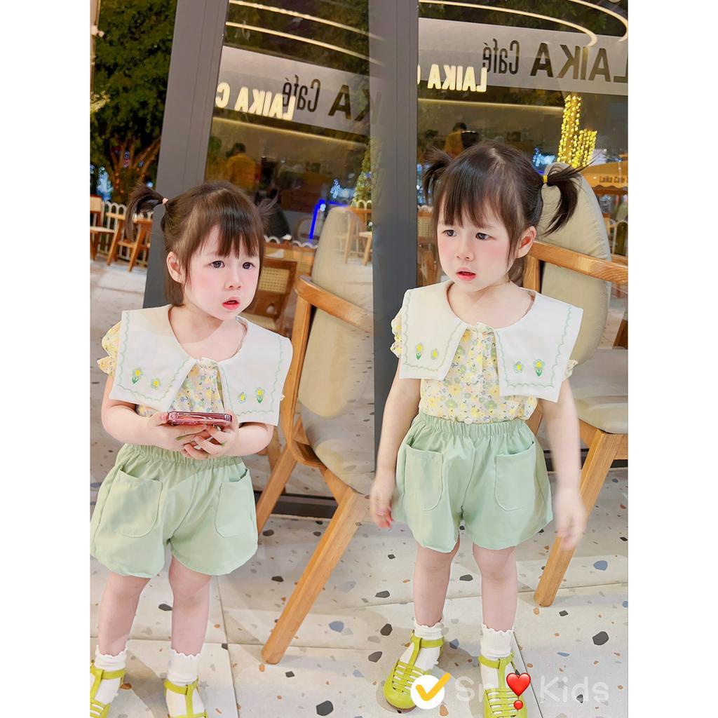 Quần áo bé gái, set bộ áo thô hoa cổ vuông thêu bản to phối quần đùi thô bổ túi cho bé 12-30kg