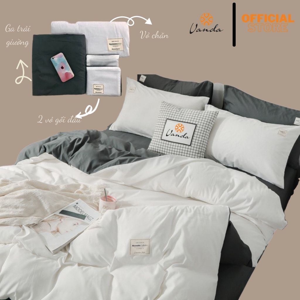 Bộ chăn ga gối VANDA Cotton Tici TC trơn phối màu Drap đủ kích thước 1m2 ,1m4 ,1m6 ,1m8 ,2m2...