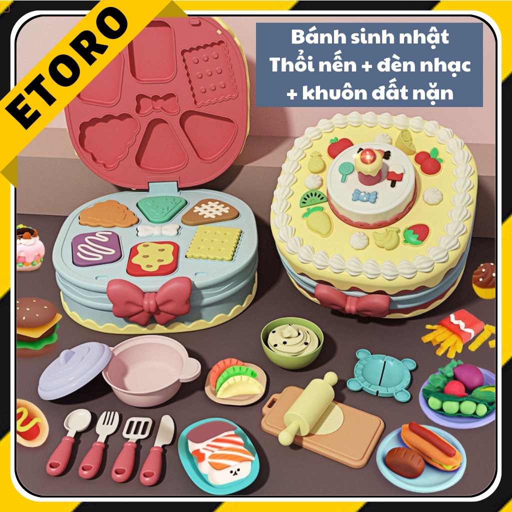 Bộ Đồ Chơi Bánh Sinh Nhật 3 Tầng Thổi Nến Phát Nhạc Có Khuôn Làm Đất Nặn Bánh Bao, Kem, Hoa Quả, Bánh Quy