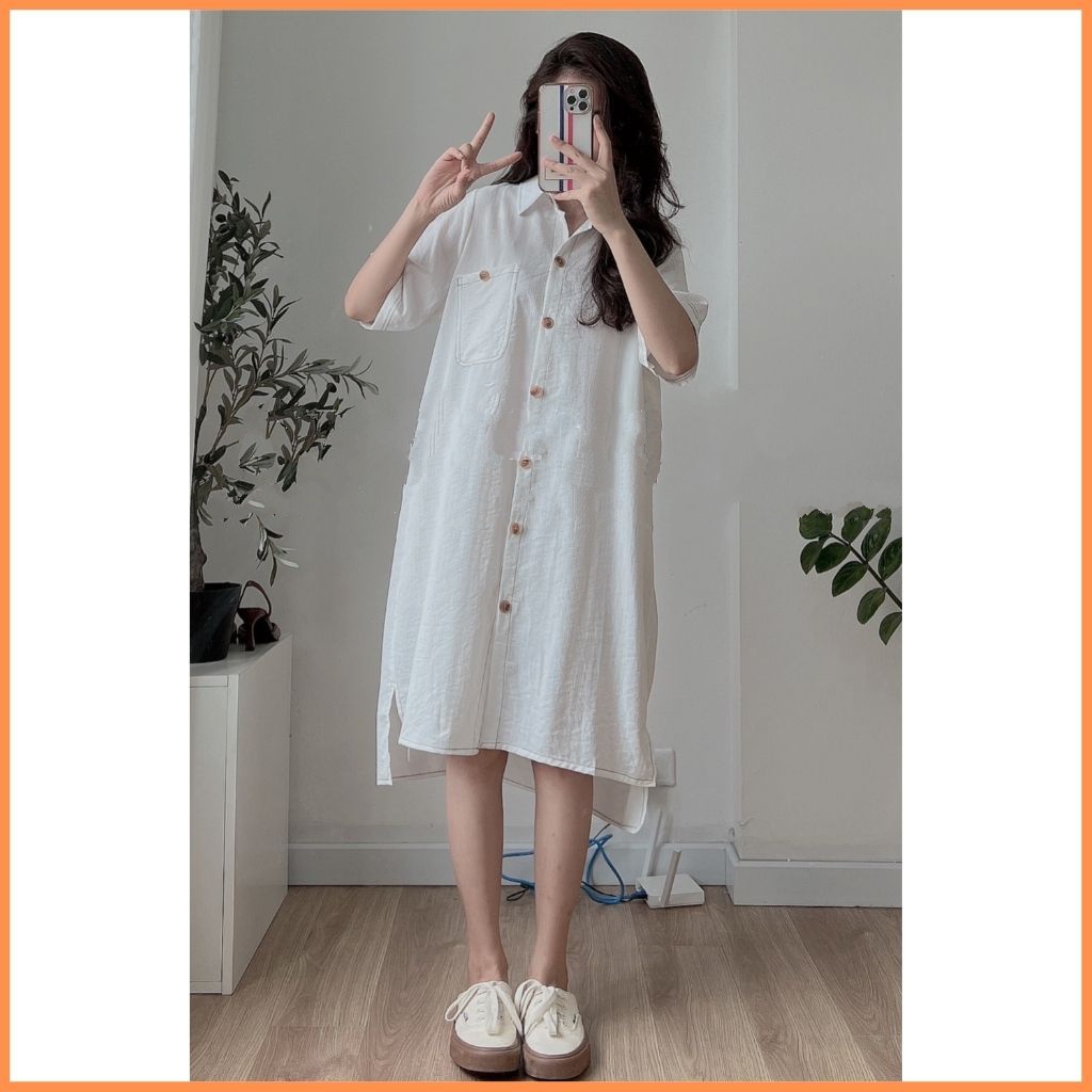 Váy sơ mi nữ dáng ulzzang cộc tay, kiểu đầm dự tiệc đi biển dáng suông trơn cúc gỗ viền chỉ nổi chất đũi