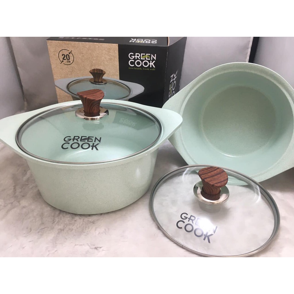 Nồi đúc đáy từ chống dính men đá xanh ngọc Green Cook GCS05 size 18-20-24 cm công nghệ Hàn Quốc