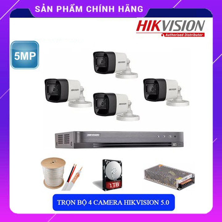 Bộ Camera giám sát Cao Cấp Hikvision 4 Kênh 5.0MP Super HD - Trọn Bộ 4 mắt Camera 5.0MP + HDD 1TB + Đủ phụ kiện lắp đặt