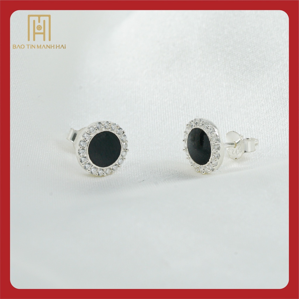 Bông tai bạc màu đen viền đá nhỏ 4 lá phong cách Hàn Quốc BTB06 Bảo Tín Mạnh Hải