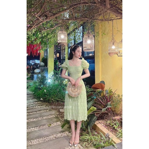 ĐẦM MIDI XỐP CHÉO DÂY CỔ TAY BO 3 MÀU