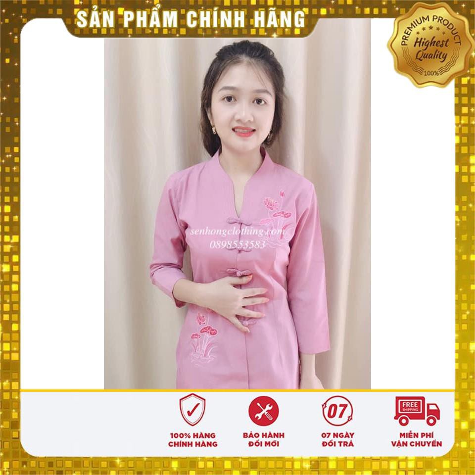 👉👉quần áo Phật tử đi chùa màu hồng Set xẩm thêu hoa sen sắc nét vải mềm mịn giặt máy thoải mái