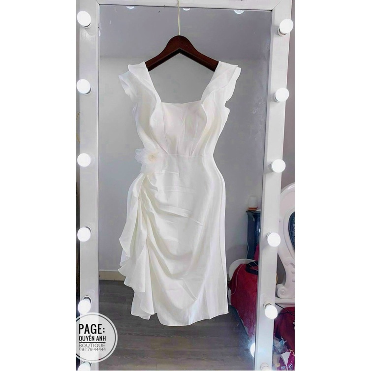Đầm lụa cổ vuông cánh tiên chiết eo đính hoa, đầm 2 dây bản to nhún lệch tà đi tiệc sang trọng
