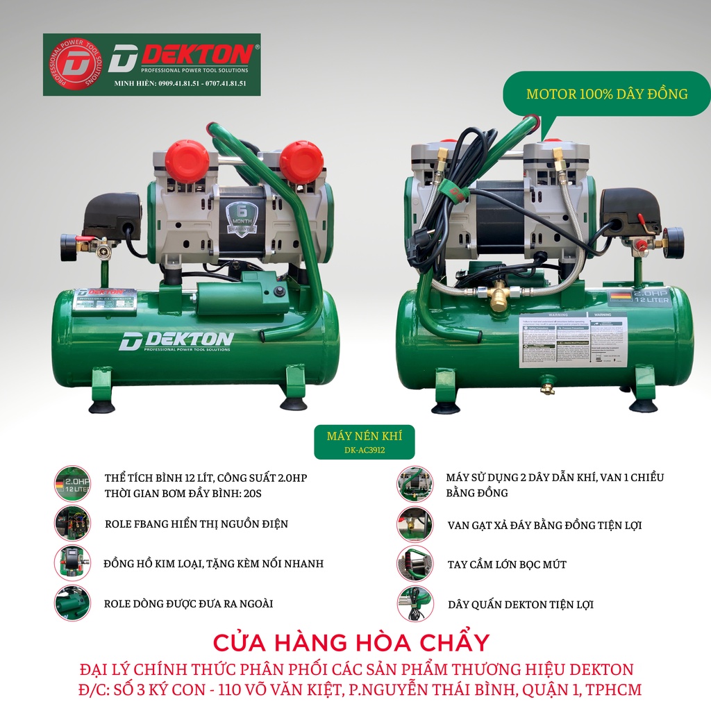 Nén Khí Không Dầu Dekton DK-AC3912 2HP/1500W/ Bình 12L - Lưu Lượng 200L/Phút