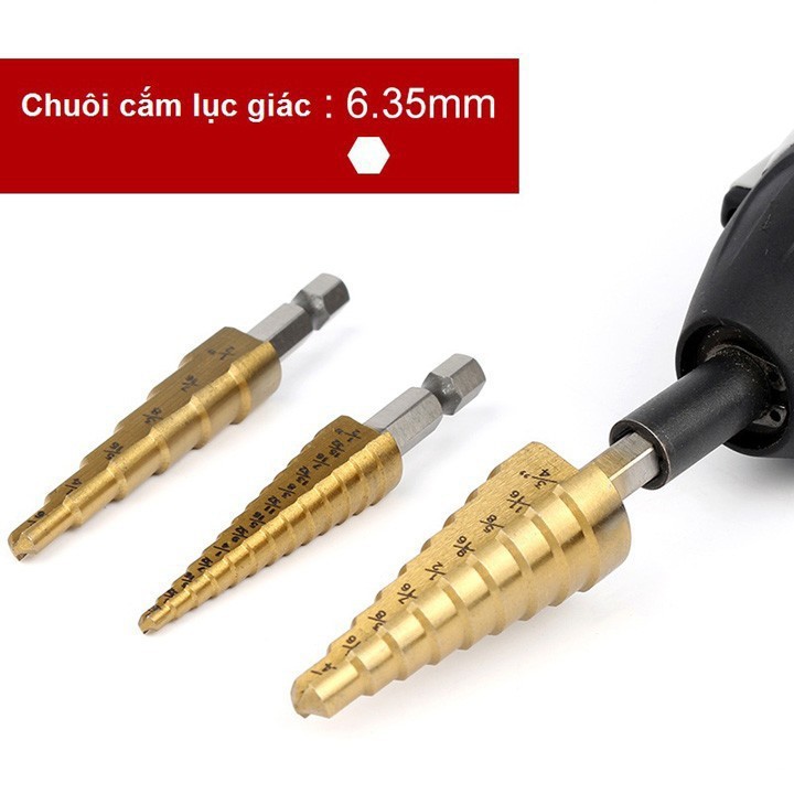 Bộ 3 mũi khoan bước tháp titanium 3.17-19mm khoan sắt,tôn