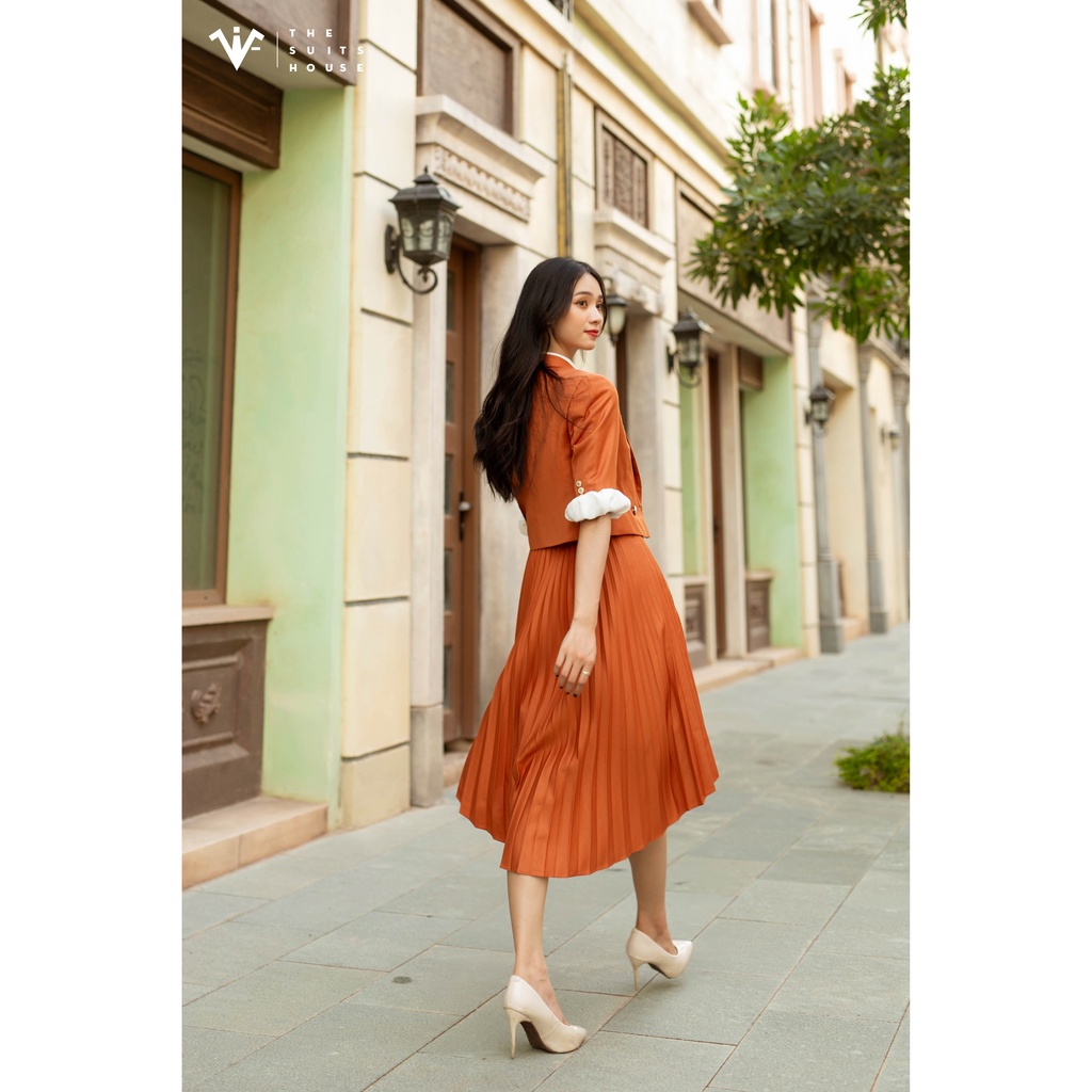 Bộ vest nữ cam phối chân váy xếp ly, suits chuẩn form, chất Wool The Suits House