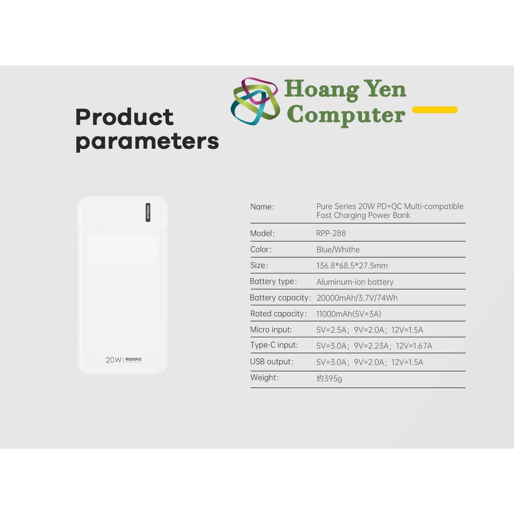 Sạc Dự Phòng Remax RPP-288 20000Mah (Sạc Nhanh QC3.0 18W, PD 20W) - BH 1 Năm - Hoàng Yến Computer