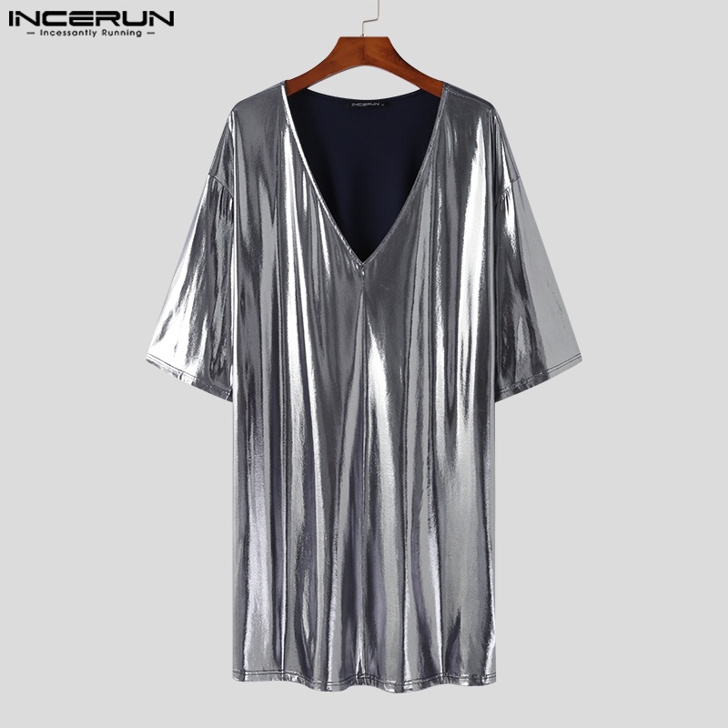 Áo thun INCERUN dài tay cổ chữ v màu sáng bóng thời trang cho nam