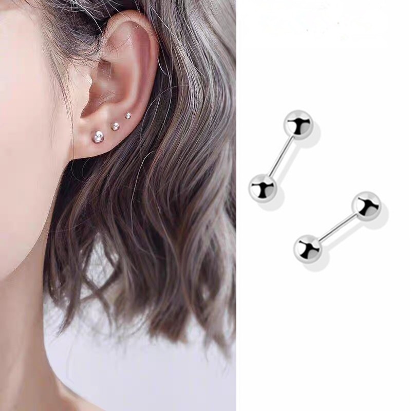 1 Khuyên Tai Thép Titan Hai Đầu Màu Bạc Phong Cách Hàn Quốc Cho Nam Và Nữ