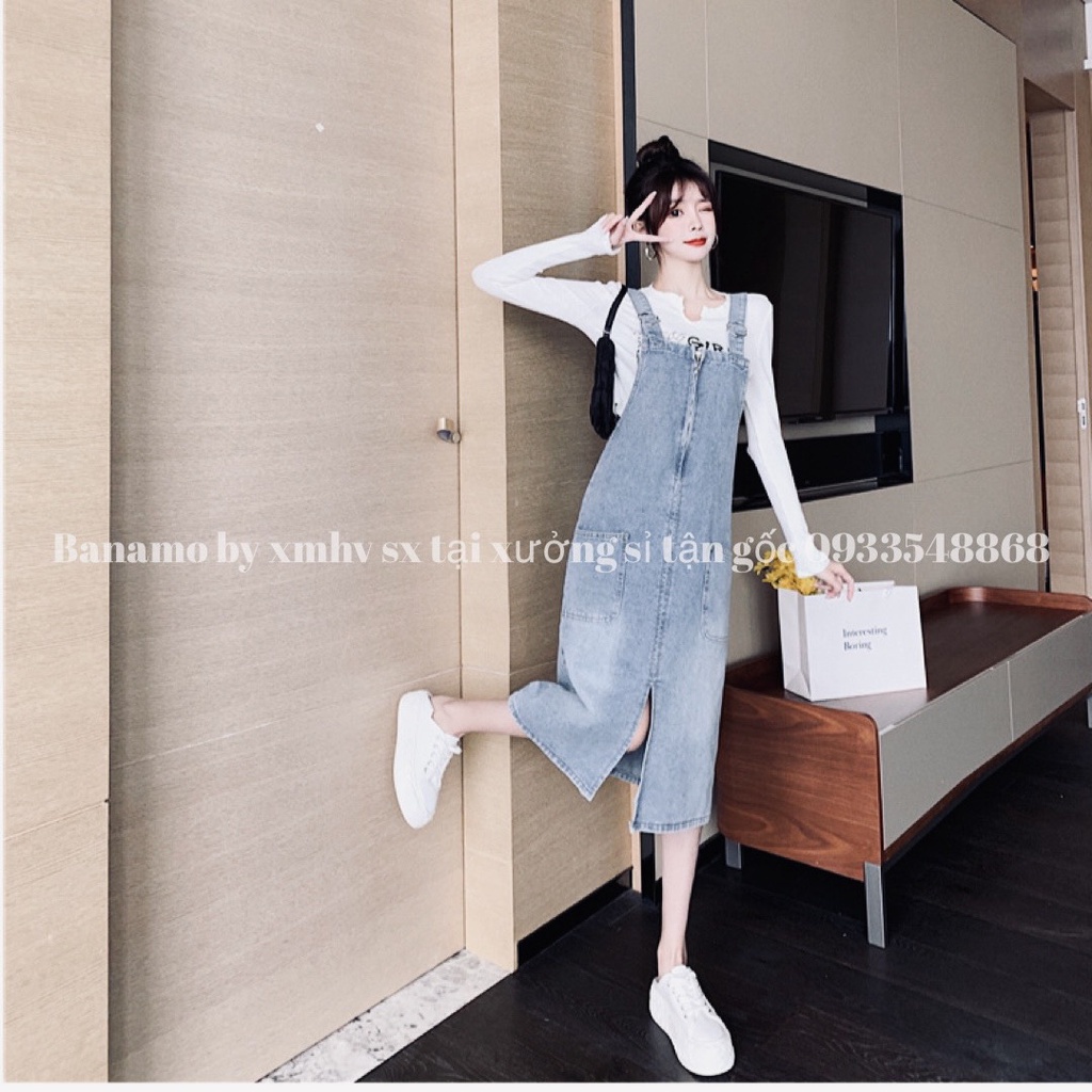 Váy yếm JEAN nữ xẻ giữa phối khóa kéo trước phong cách hàn quốc thời trang Banamo Fashion 563 | BigBuy360 - bigbuy360.vn