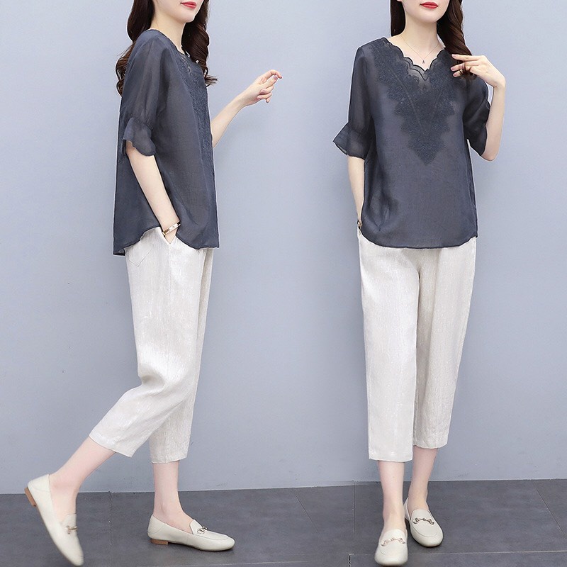 144055 Bộ áo và quần dài vải cotton nữ hè tay ngắn hàng nhập