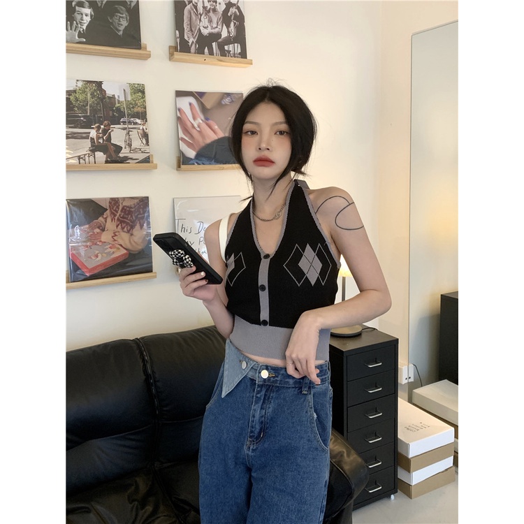 Cocory vn Áo Dệt Kim Hai Dây Ôm Dáng Họa Tiết Kẻ Sọc Caro Màu Tương Phản Quyến Rũ Thời Trang Cho Nữ